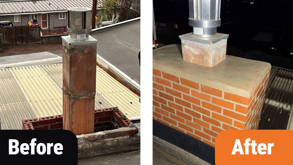 Before and after comparison of rebuilt chimney masonry