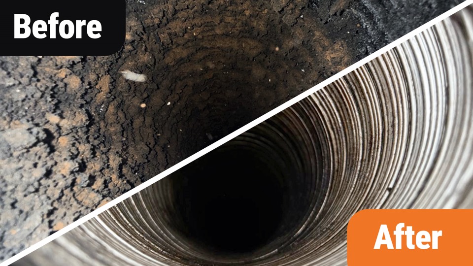 Before and after comparison of deposits inside a chimney flue
