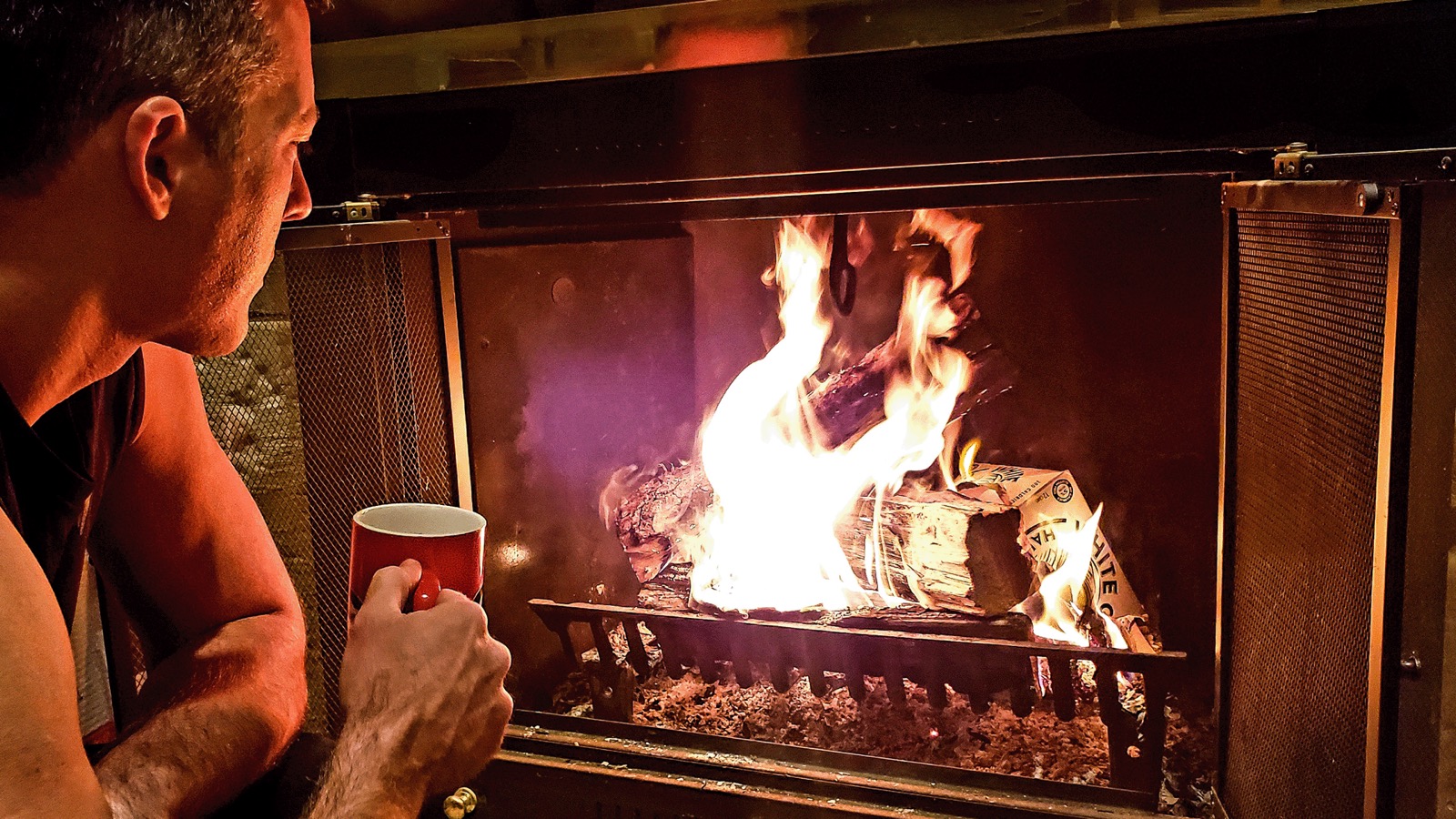 A lit fireplace