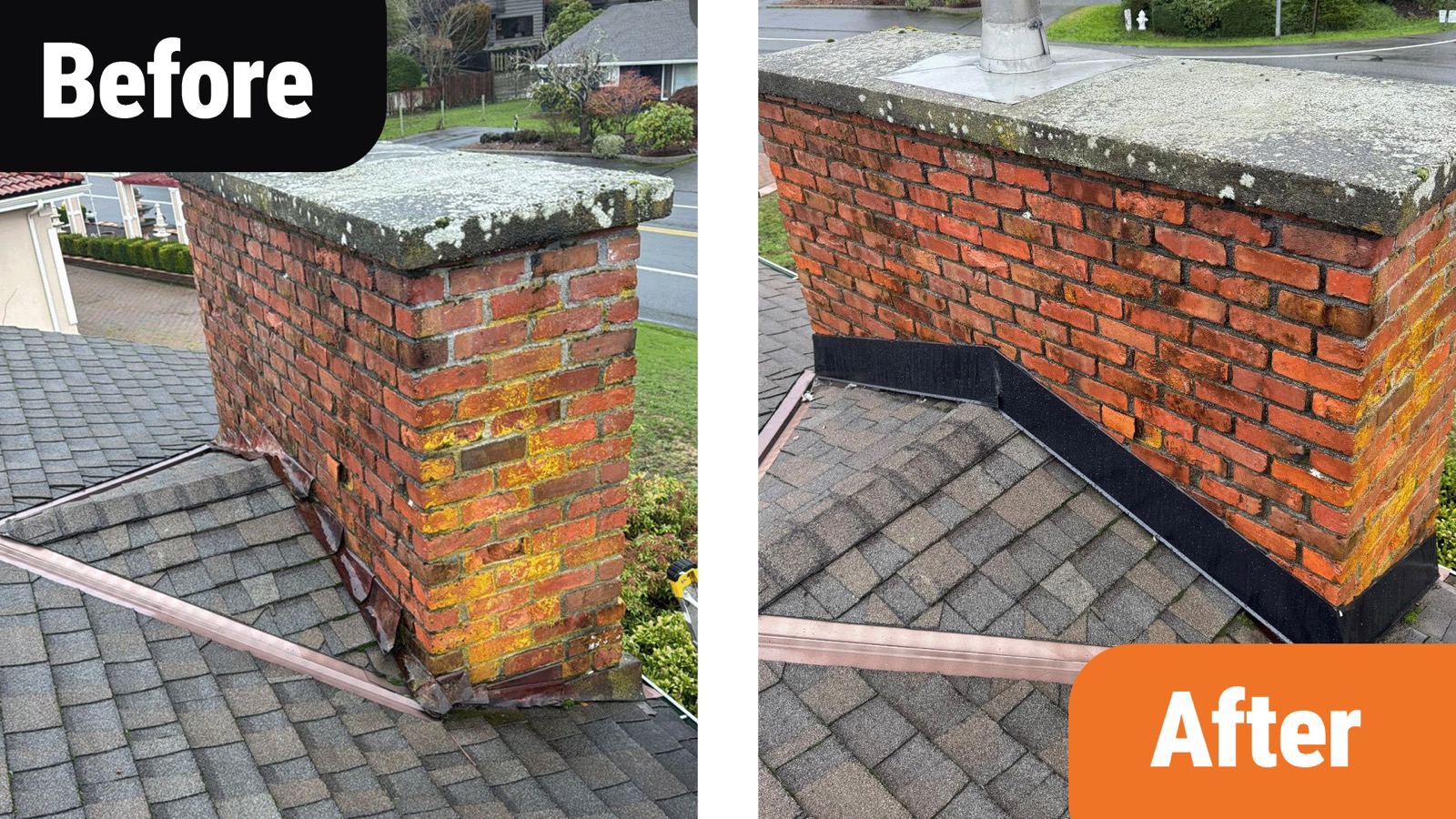 Before and after photographs showing flashing work around a brick chimney